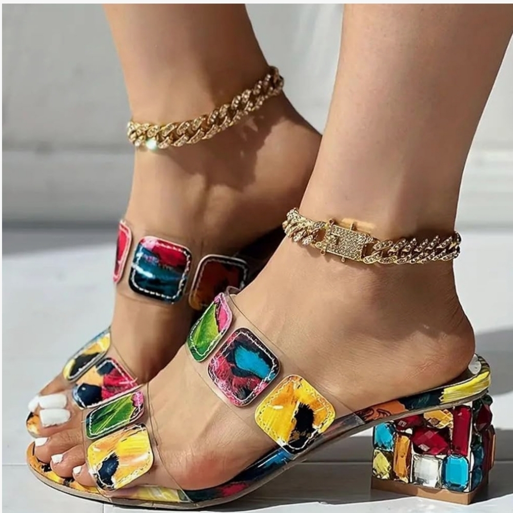 Fashion Colorful Jeweled Block Heel Sandal Size 37 / US 6 - Picture 13 of 15
